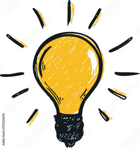 Light bulb vector hand drawn sketch with glowing rays — stock vector.