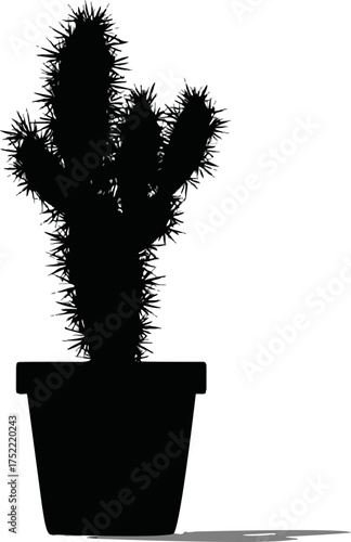 Cactus silhouette vector in flowerpot with spiky branches and shadow — stock vector.