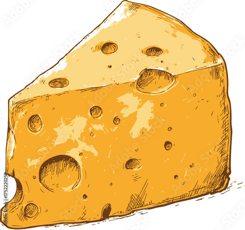 Cheese wedge vector hand drawn sketch with holes and textured shading — stock vector.