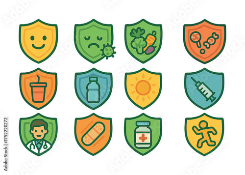 Colorful health icons representing nutrition, emotions, medicine, and wellness concepts