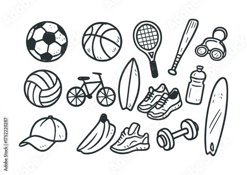 Doodle sports equipment collection: soccer, basketball, tennis, surfboard, bicycle, dumbbell
