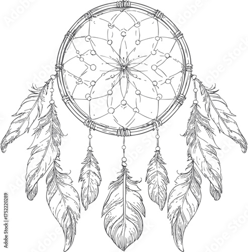 Dreamcatcher vector line art with detailed feathers and intricate web design — stock vector.