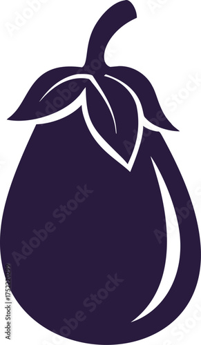 Eggplant vector bold silhouette with stylized leaf and stem minimal design — stock vector.