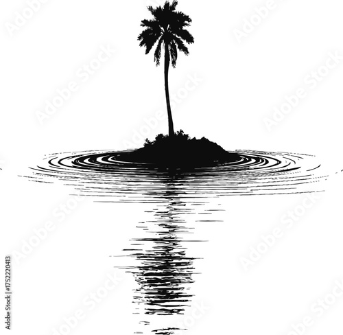 Palm tree silhouette on tropical island with water ripples reflection — stock vector.