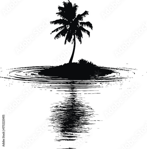 Palm tree silhouette vector on small island with water reflection — stock vector.
