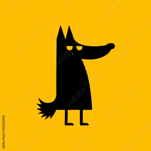 A minimalist black dog with a long snout and pointed ears on yellow