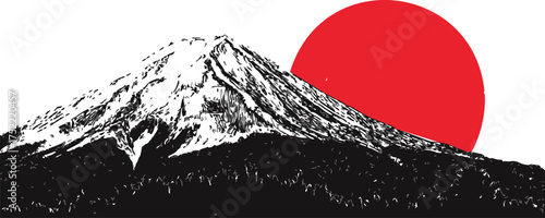 Mount Fuji vector line art with red sun minimalist Japanese landscape — stock vector.