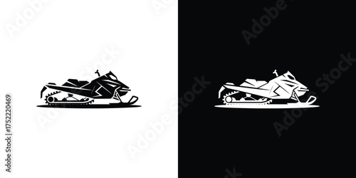 Snowmobile Silhouette Illustration, Winter Sport Vehicle Cutout on White & Black