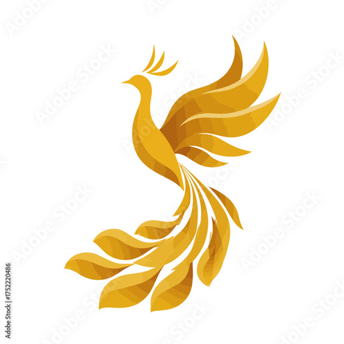 Golden Stylized Phoenix Bird Logo Vector. Elegant Mythical Firebird Symbol for Luxury Branding and Graphic Design