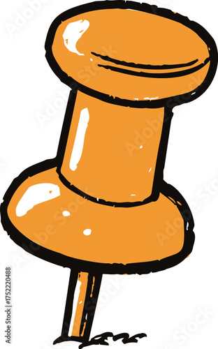 Push pin vector hand drawn orange thumbtack with bold outline sketch style — stock vector.