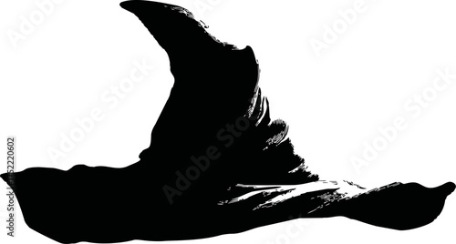 Witch hat vector, hand drawn black silhouette with wide brim and pointed crown — stock vector.