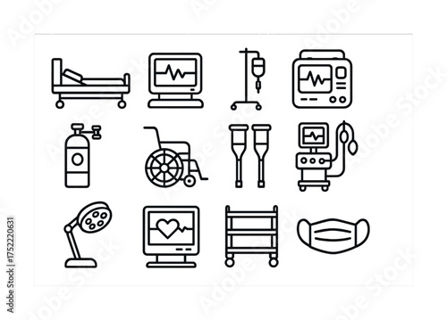 Medical equipment icons set featuring hospital bed, monitor, and wheelchair