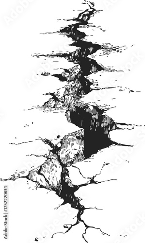 Earthquake crack sketch, hand drawn fissure in ground, detailed seismic rupture — stock vector