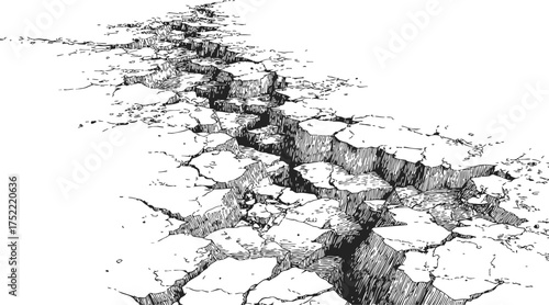 Earthquake crack sketch hand drawn deep fissure splitting dry ground surface — stock vector