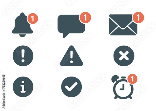 Notification icons set including bell, message, email, alert, information, check, alarm clock