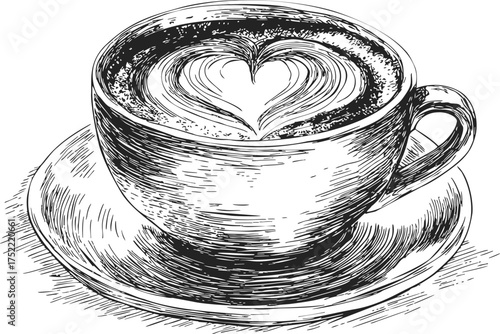 Coffee cup sketch hand drawn with heart latte art on saucer — stock vector