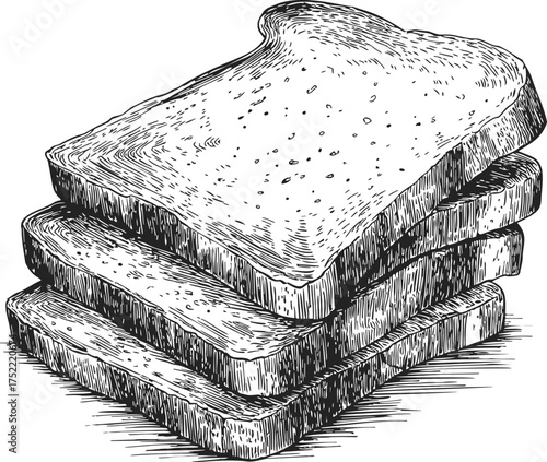 Sliced bread sketch, hand drawn stack of four toast slices — stock vector