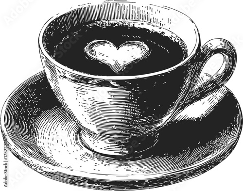 Coffee cup sketch hand drawn with heart latte art on saucer — stock vector