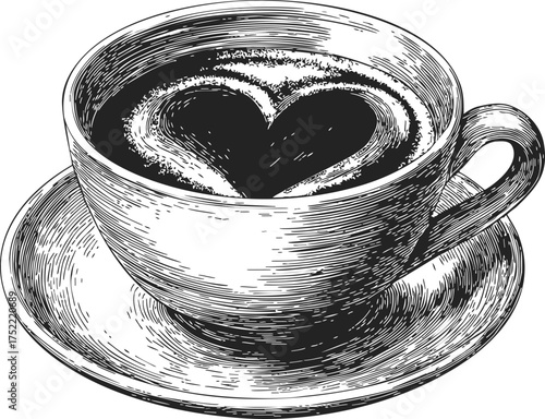 Coffee cup sketch hand drawn with heart latte art on saucer — stock vector