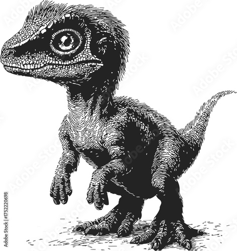 Velociraptor sketch hand drawn baby dinosaur with detailed texture and large eyes — stock vector