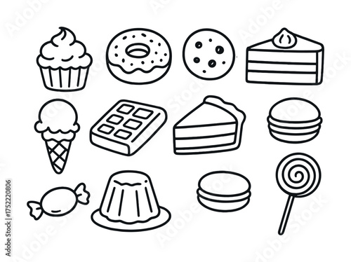 Assorted dessert icons: cupcake, donut, cake, ice cream, candy, and more