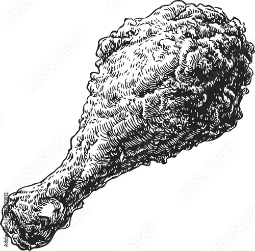 Fried chicken drumstick sketch, hand drawn style, detailed crispy texture — stock vector