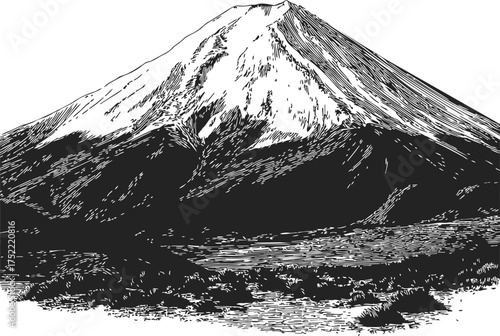 Mountain sketch hand drawn line art with snow peak and rugged landscape — stock vector