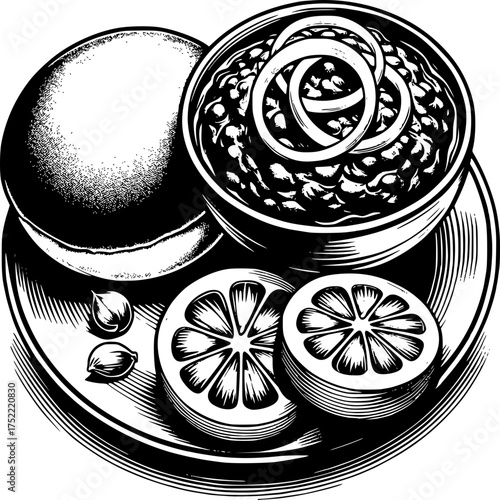 Dish Delights: A grayscale artistic rendering depicts a delectable culinary spread, featuring a savory dish alongside lemon slices and a round bread, a true feast for the eyes.