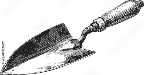 Garden trowel sketch hand drawn with wooden handle and metal blade — stock vector