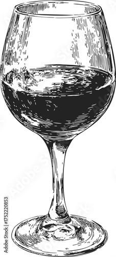 Wine glass sketch hand drawn with red wine, detailed vintage style — stock vector