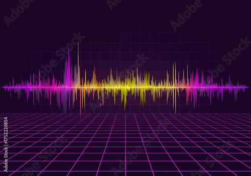 Vibrant Audio Waveform Displayed on Retro Grid Background.