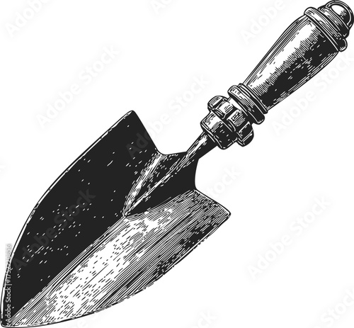 Garden trowel sketch, hand drawn vintage style gardening tool with wooden handle — stock vector