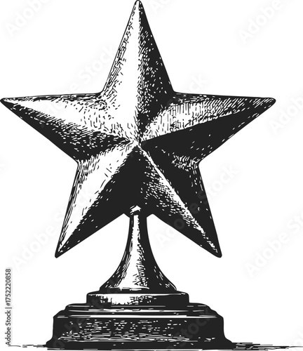 Star trophy sketch, hand drawn award on pedestal, vintage style recognition — stock vector
