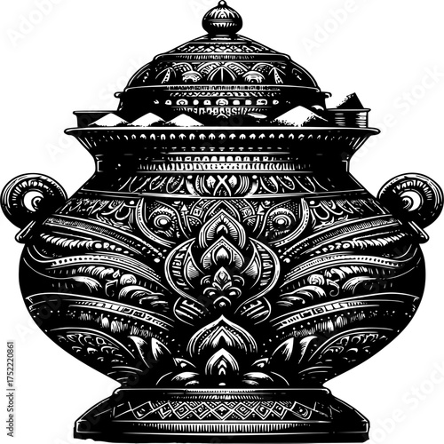 Ornamental Pot Illustration: Intricate detail defines this elegant ornamental pot illustration, showcasing a meticulously crafted design, and its rich cultural heritage.
