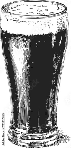 Dark beer pint glass sketch, hand drawn style, detailed foam and reflections — stock vector