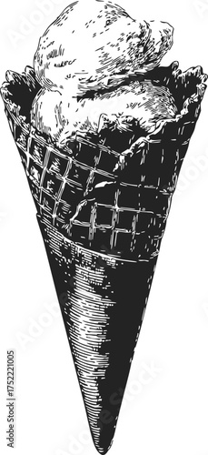 Ice cream cone sketch hand drawn style with two scoops detailed waffle texture — stock vector