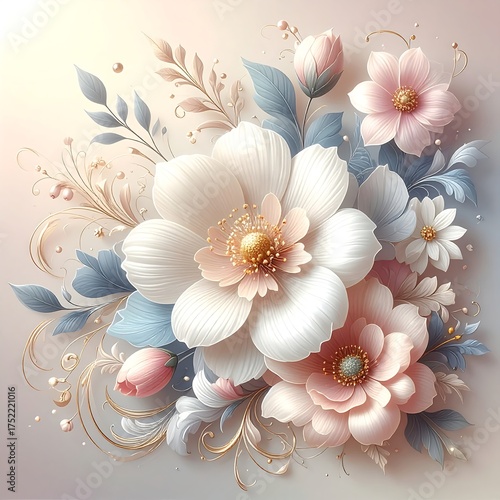 Pastel floral arrangement featuring large blooms, buds, and delicate foliage