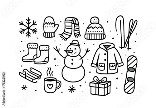Winter icons: snowman, hat, scarf, skis, boots, snowflake, and hot cocoa