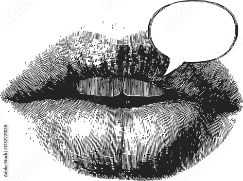 Lips sketch hand drawn with speech bubble detailed vintage engraving style — stock vector