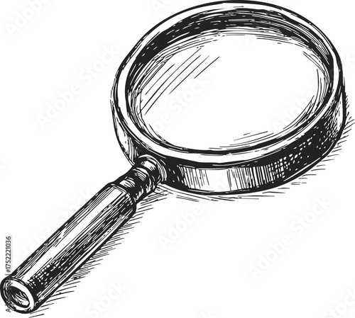 Magnifying glass sketch, hand drawn style, detailed vintage illustration of lens with handle — stock vector