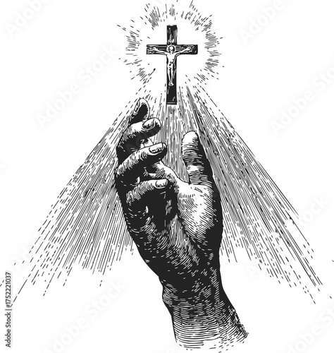 Hand reaching toward crucifix sketch, hand drawn style with radiant light beams — stock vector