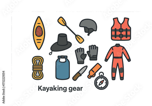 Kayaking gear set with helmet, paddle, life jacket, compass, rope, waterproof bag, knife, gloves, wetsuit