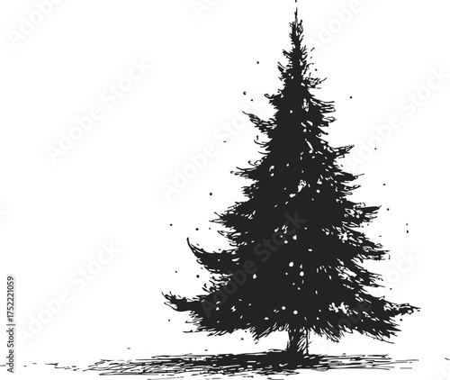 Pine tree sketch hand drawn silhouette with textured branches and scattered dots — stock vector