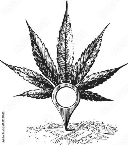 Cannabis leaf sketch with map pin marker and city map background — stock vector