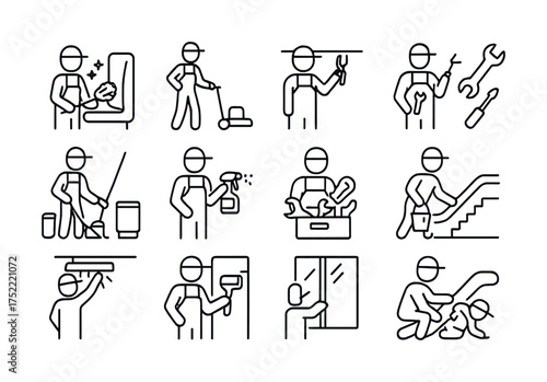 Outline icons of domestic chores and maintenance activities