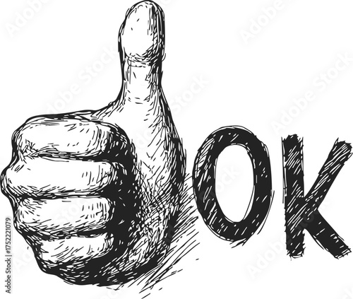 Thumbs up hand sketch with OK text, hand drawn vector style — stock vector
