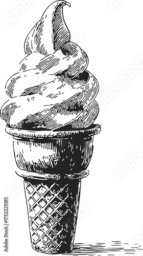 Ice cream cone sketch, hand drawn style, detailed waffle cone and soft serve swirl — stock vector