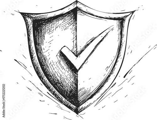 Shield hand drawn sketch with check mark symbolizing security — stock vector