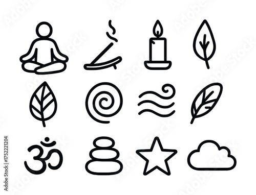 Meditation and wellness icons: yoga, incense, candle, nature elements, om symbol