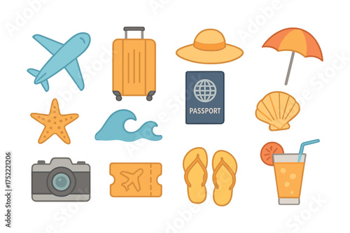 Summer travel essentials: airplane, luggage, passport, beach gear, vacation icons